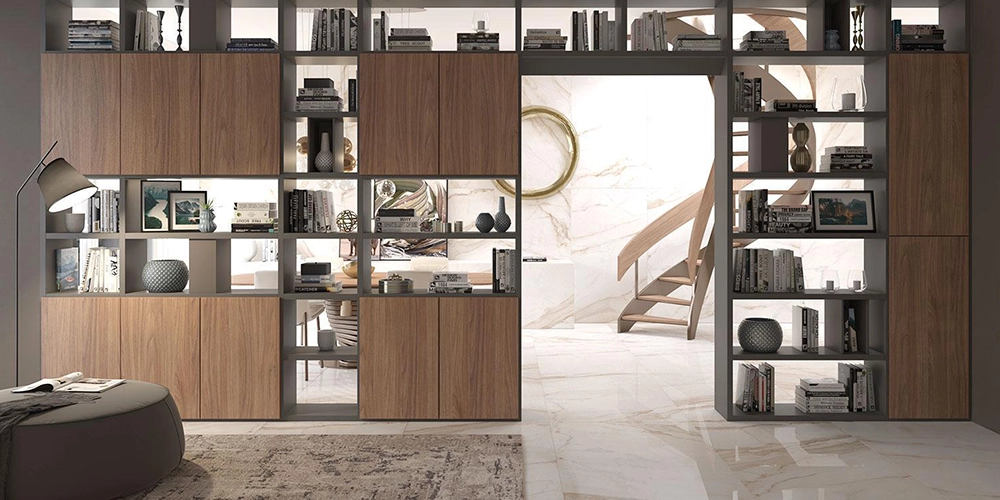 cloison de salon ouverte en noyer et gris avec placard et etageres