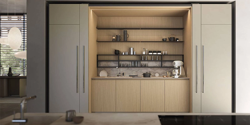 Cuisine dissimulée bois et beige